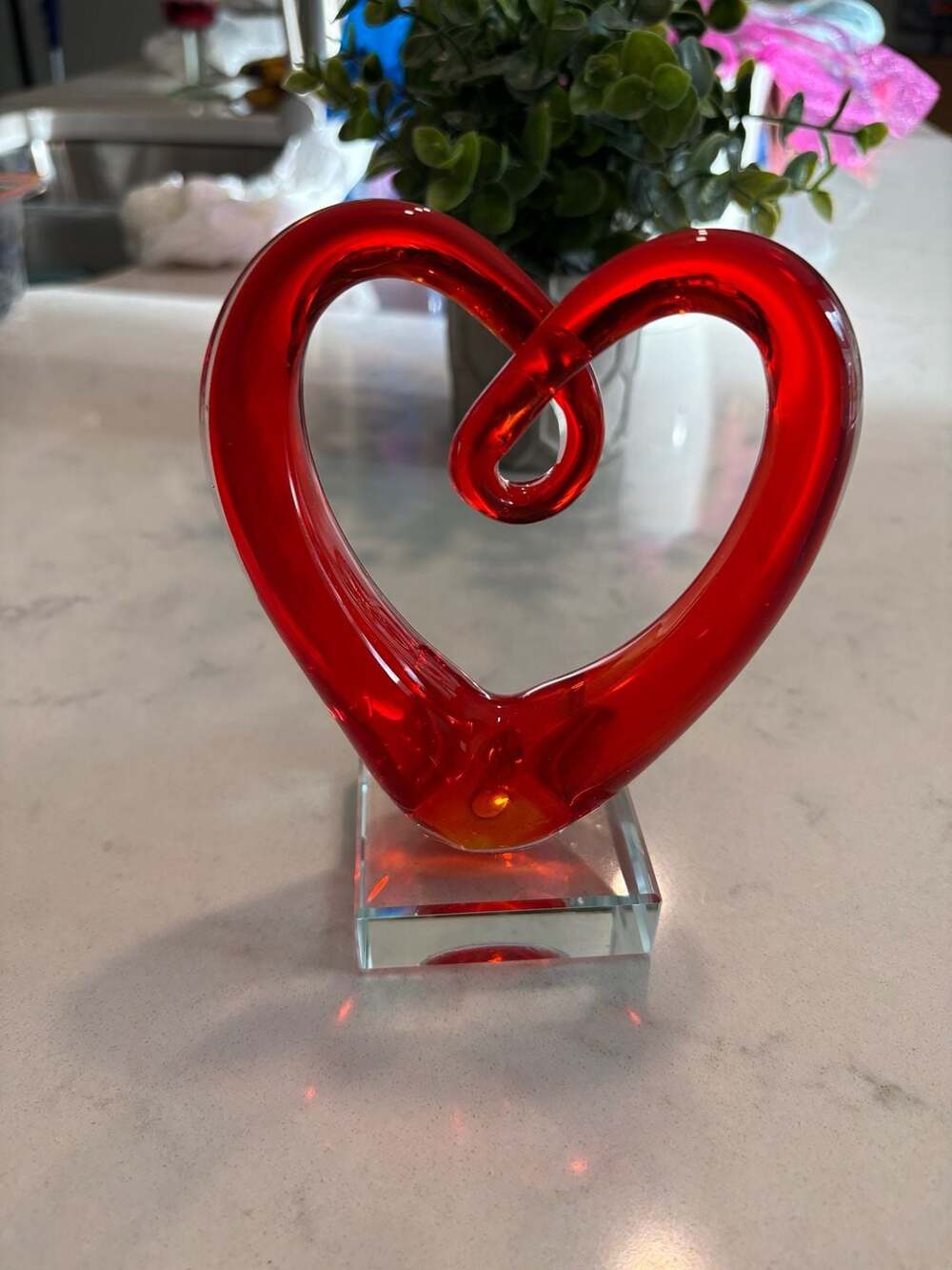 Hand Blown Red Art Glass Heart Sculpture with Glass Base